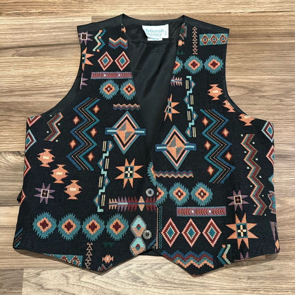 Deborah Murray Vintage Tapestry Southwestern Geometric Black Button Tie Back XS